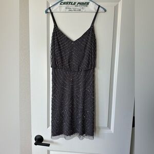 Adrianna Papell Blouson Gray embroidered Beaded mini Dress